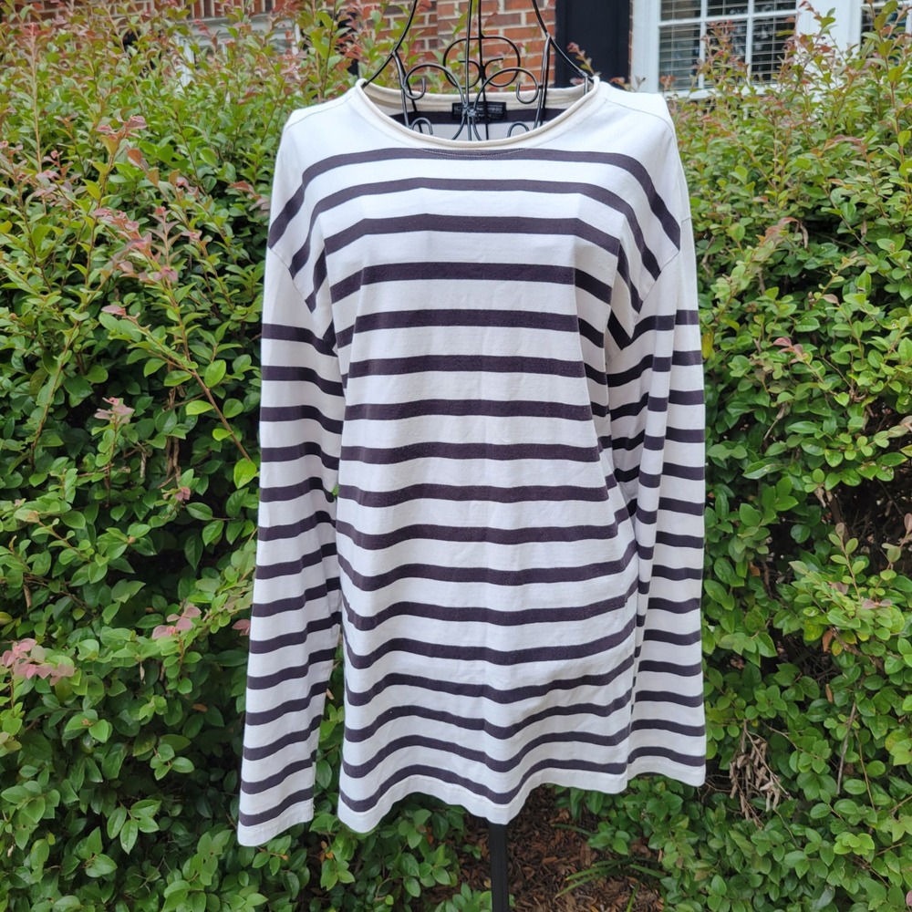 J Peterman L Long Sleeve Shirt White Navy Stripe Breton Nautical Boxy Oversized